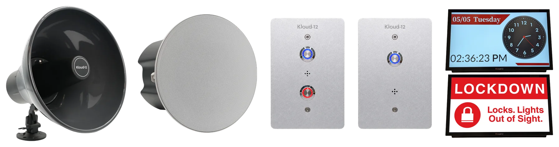 The MoreVoice Unity device family by Kloud-12: paging horn, ceiling speaker, two-button and single-button IP call stations, and digital signage displays showing a clock and a lockdown alert